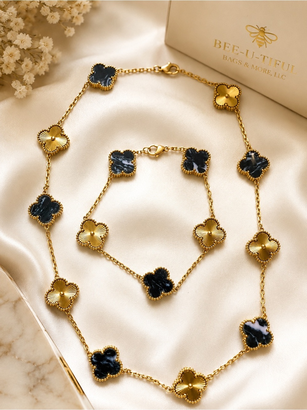 Alternating Black Marbled Clover Station Necklace & Bracelet Set